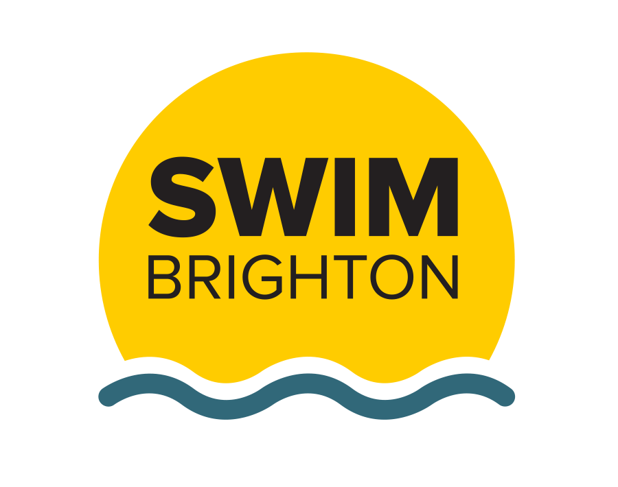 Swim Brighton Logo, a large yellow circle with wave graphics below